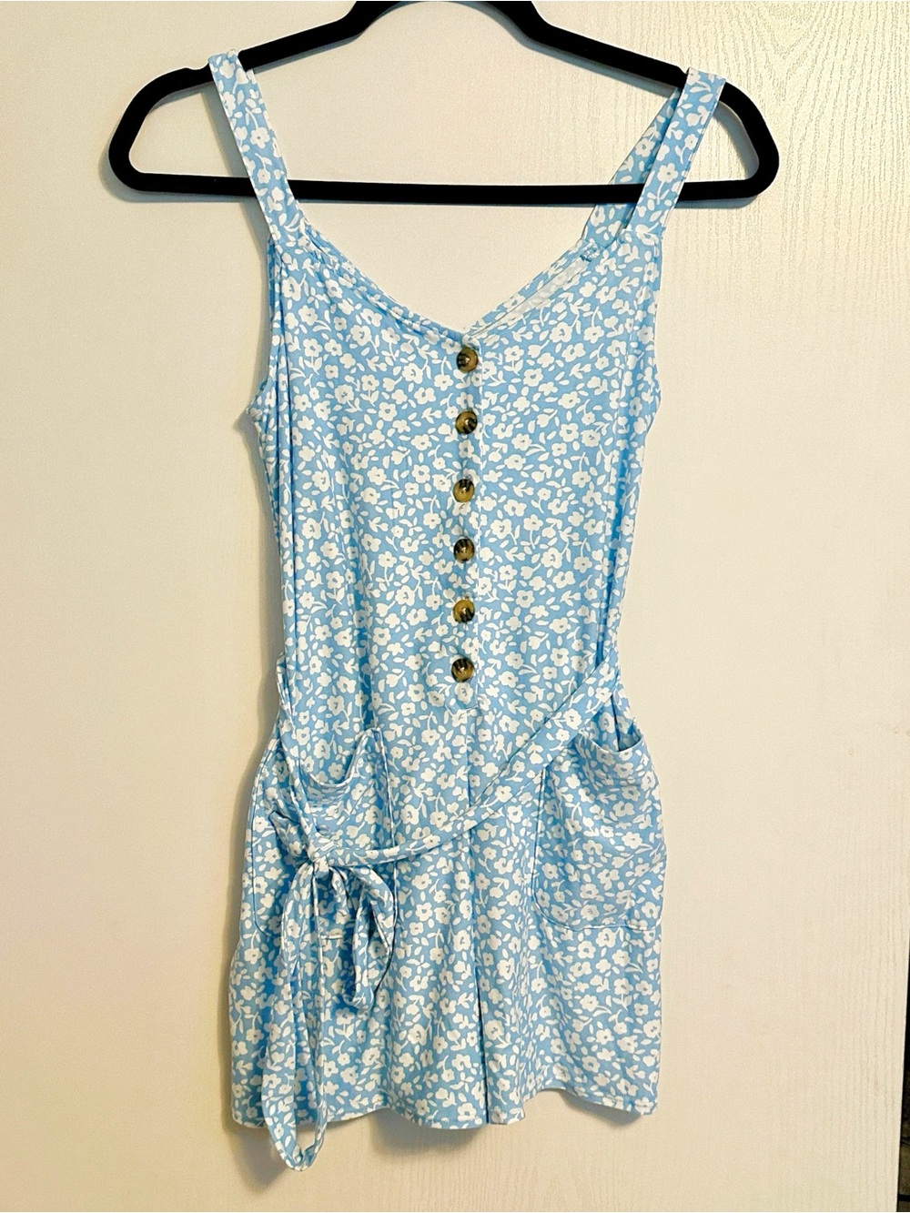 No Boundaries Blue & White Floral Romper with Front Buttons